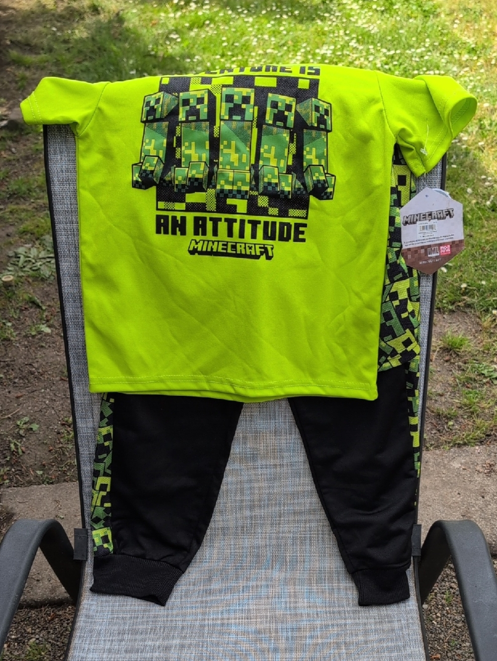 3 Piece Minecraft Kids Neon Green Matching Set - 'An Attitude' Tee & Joggers